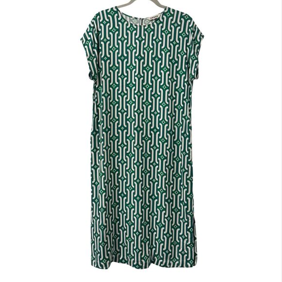 Boden Short Sleeve Column Midi Dress Sz 6 Bright‎ Emerald Azure Geo Bold Classic - Picture 1 of 5